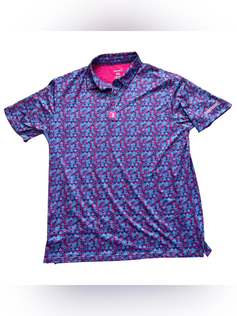 BOGEY BROS Men’s Blue Pink Purple Whale Tail Bikini Print Golf Polo Shirt (XXL)